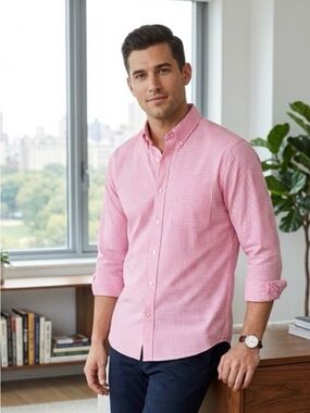 Double Pump EUC Men's Slim Fit
Pink Gingham 100% Cotton Button-Down
Shirt Sz M